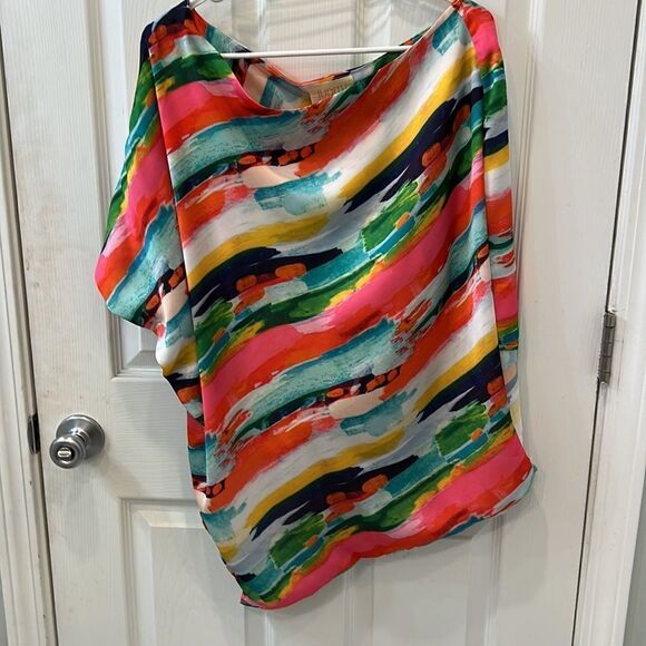 Judith March Multicolor one sleeve blouse with blouson waist. Size Lg - Picture 7 of 12